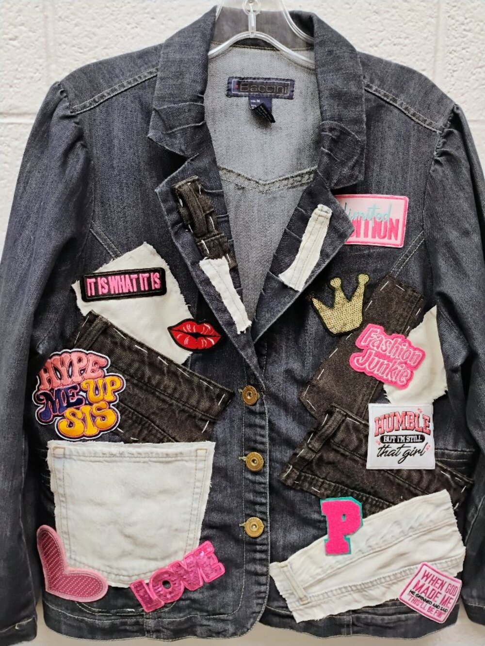 Thrifted, dry cleaned and designed size 14/16 denim on denim blazer with patches